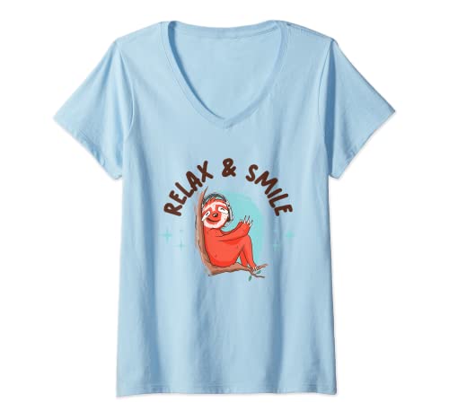 Mujer Relax & Smile Divertida declaración de relajación y relajación perezoso Camiseta Cuello V