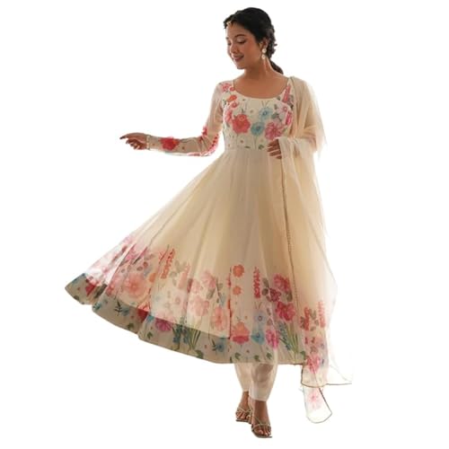 Image of Naixa Women's Organza Printed Straight Kurta with Pant and Dupatta Set (NK-401)