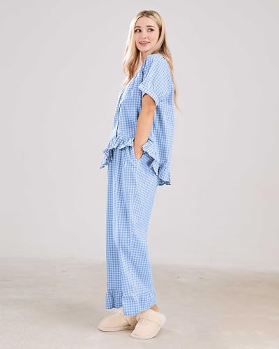 Image of codcm Womens Gingham Pajama Set 2 Piece Short Sleeve Babydoll Shirt and Pants Lounge Set Cute Sleepwear