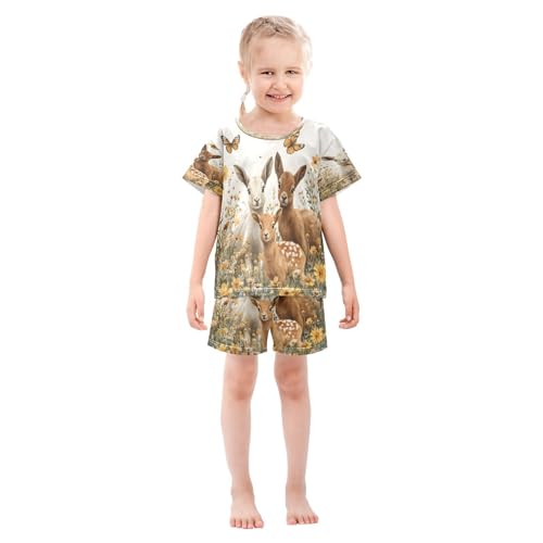 ALAZA Watercolor Deer Butterfly Flower Pajamas Set Short Sleeve Cotton Sleepwear Summer Pjs 2 Piece 5-14Y3