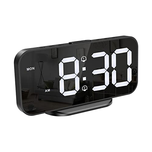 ORIA Reloj Despertador LED, Reloj Digital de Cabecera, Reloj de Escritorio con Espejo de 6,7 Pulgadas con 2 Puertos USB, 4 Atenuación Manual y Modo Nocturno (Cable de 1,5m Incluido) Cover