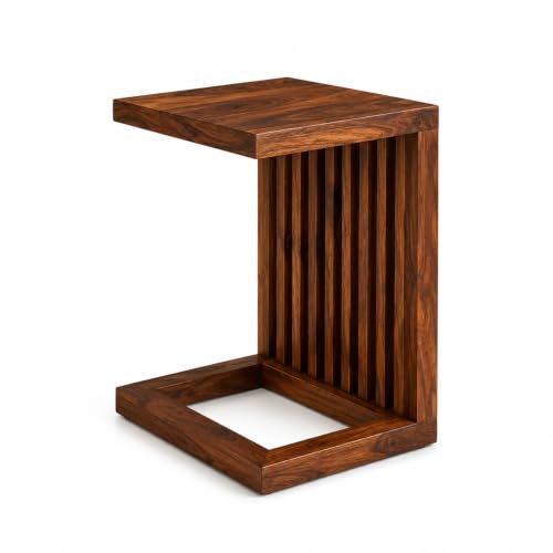 Image of Solid Sheesham Wood C Shape Side Table for Living Room | Modern Sofa End Table | Wooden Laptop Table for Bed | Coffee & Snack Table | Bedside End Table | Natural Brown Finish