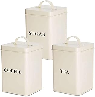 Andrew James Tea Coffee Sugar Canisters | Vintage Style Kitchen Storage Set | Rust Resistant Powder Coated Iron Caddies | Store Coffee Beans Granules Teabags Sugar | Part of The Vintage Range | Cream