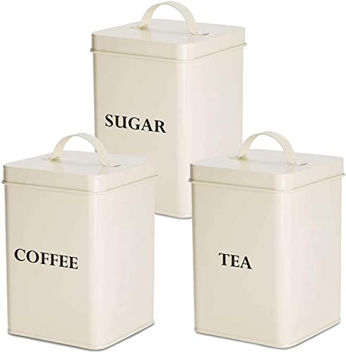 andrew james Tea Coffee Sugar Canisters | Vintage Style Kitchen Storage Set | Rust Resistant Powder Coated Iron Caddies | Store Coffee Beans Granules Teabags Sugar | Part of The Vintage Range (Cream)