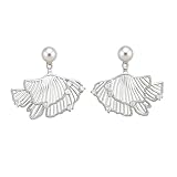 Pendientes de hoja de ginkgo para mujeres, pendientes de perla en forma de ventilador, joyería geométrica de declaración para boda de fiesta de moda (Silver)