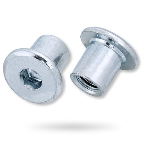 HEXATON Hülsenmutter M6 x 15 x 12 mm – 50 Stück, Flachkopf mit Innensechskant, Stahl verzinkt, Linsenkopf für Möbelverbindungen und Inbusschlüssel