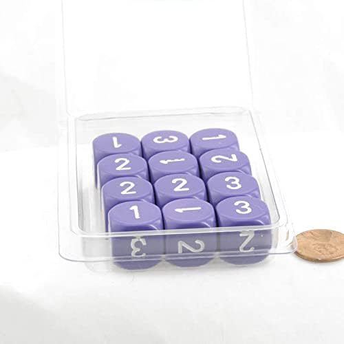 Purple Opaque Dice with White Numbers D3 (D6 1-3 Twice) 16mm (5/8in) Pack of 12 Wondertrail