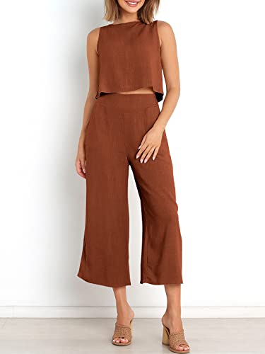 Image of ANRABESS Women's Summer 2 Piece Outfits Sleeveless Tank Crop Button Back Top Cropped Wide Leg Pants Set Pockets