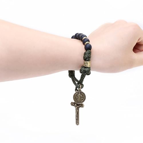 Nazareth Store NEW Antique Bronze One Decade Rosary Black Matte Beads Green Paracord Rosary Bracelet Handmade Catholic Travel Friendly Prayer4