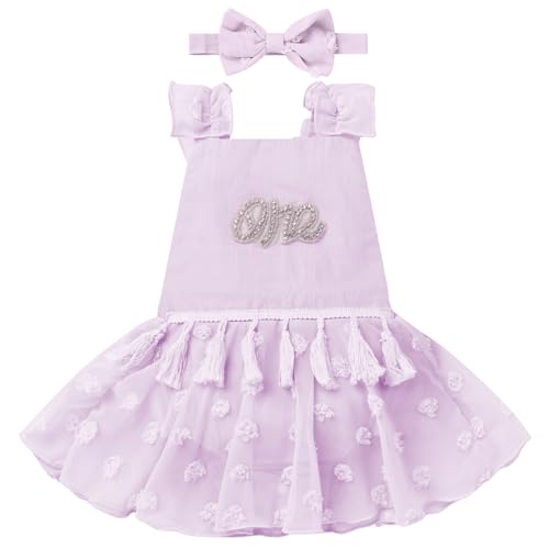 FYMNSI Newborn Baby 1st Birthday Girl Outfit Boho Romper Dress Tutu For Toddler Girls Princess Ruffle Dots Backless Bodysuit Jumpsuits Headband First Birthday Decorations Cute Clothes Purple 12-18M