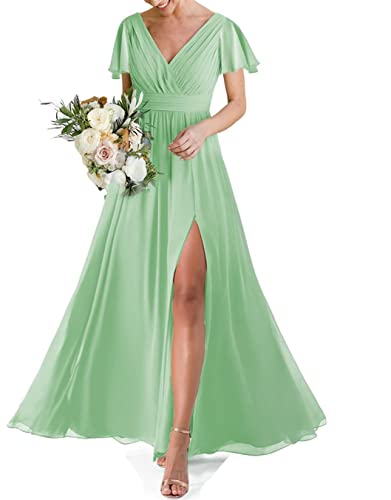 HPPEE Hochzeit Brautjungfer Kleid für Frauen Doppelter V-Ausschnitt Kurzarm Formelles Abendkleid mit Schlitz, mint, 48