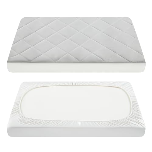 Image of TILLYOU Pack and Play Sheets Pad - Waterproof Play Yard Playpen Sheets Pad, Soft Quilted Sheets with 1''-3'' Deep Pocket, Breathable and Fluffy, 39"x27",Light Grey