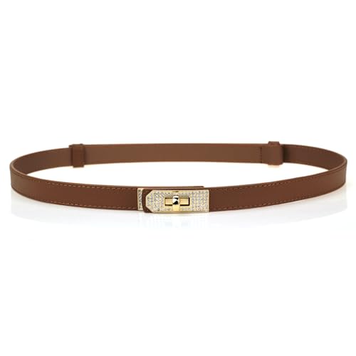 Women’s Stylish Rhinestone Gold Buckle Skinny Leather Belt Turn Lock Thin Waist Belts for Dresses Jeans Coats