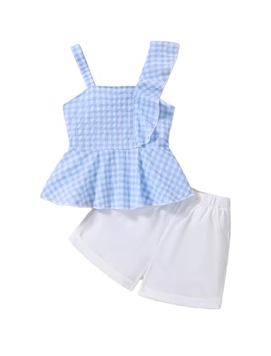 Mieuricta Girls Summer Outfits Set 2 Piece Sleeveless Ruffle Top and Shorts with Pockets Clothes for Girls Blue 7-8 Years