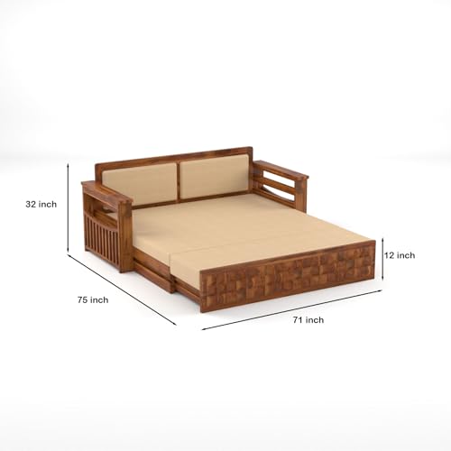 Image of Sheesham Wooden 3 Seater Sofa Cum Bed with Storage - Modern Daybed with Upholstered Backrest | Living Room Convertible Sofa Bed - Wooden Sofa Cum Bed with Mattress (Design 1)