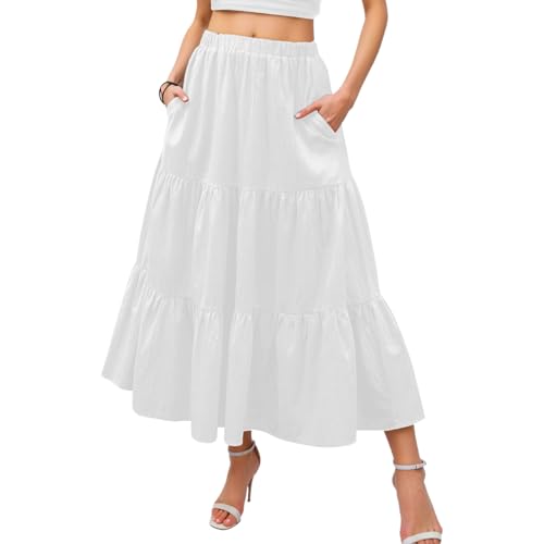 Neteson Falda de Mujer Larga Elegante Maxi Falda Midi Plisada Verano de Cintura Alta Elástica con Bolsillos Línea A para Vacaciones Playa Informal Holgada