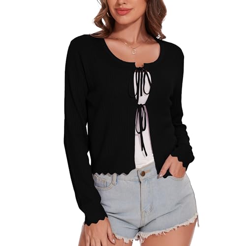 Women's Tie Front Knit Cropped Cardigan Long Sleeve Crochet Sweater Shrug Top