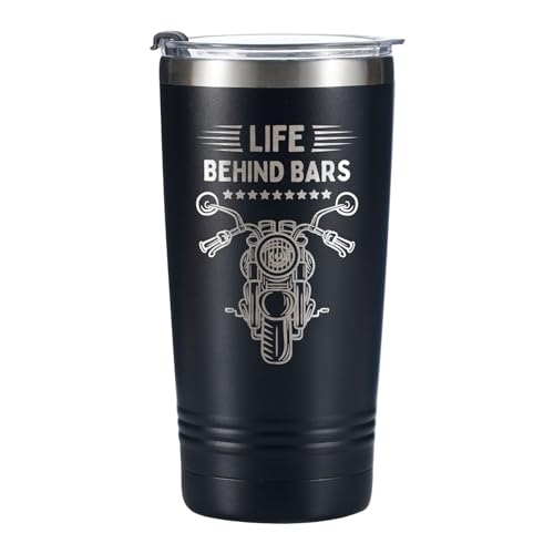 Onebttl Motorcycle Gifts for Men, Life Behind Bars, Tumbler Travel Coffee Mug, Dad Grandpa Biker Rider, Stainless Steel 20oz/590ml