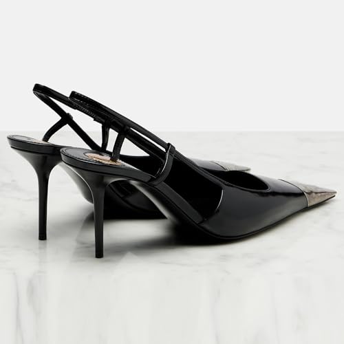 Women Black Pointed Toe Slingback Heels Stiletto Mid Heel Metal Closed Toe Slip on Backless Pumps Fashion Wedding Dressy Pumps4