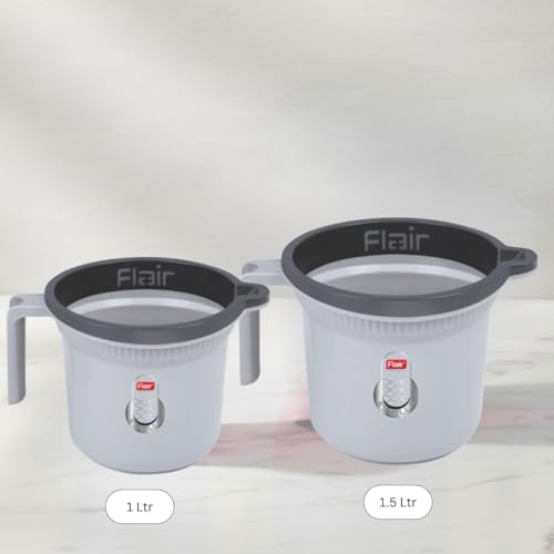Image of FLAIR Estella Plastic Bath Mug Set of 3 - Durable, Lightweight & Stylish - Ideal for Daily Use in Bathroom & Kitchen (Grey, 1 LTR)