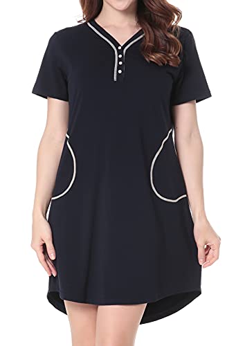 N NORA TWIPS Nachthemd für Frauen Schlafhemd Kurzarm Nachtwäsche Weiches Nachthemd Button Down Pyjama Kleid, Dunkelblau 075, Medium Cover