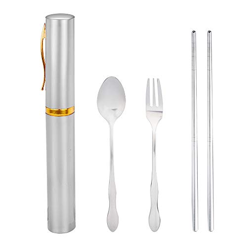 iHENGH Home Kitchen Portable Folding Travel Dinnerware Set Stainless Steel Tableware Camping Tools(Silver)