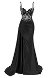 vintys Cute 2025 Mermaid Spaghetti Straps Sequin Lace Prom Dresses for Teens with Slit Sweetheart Mermaid Satin Formal Party Dress Black 6