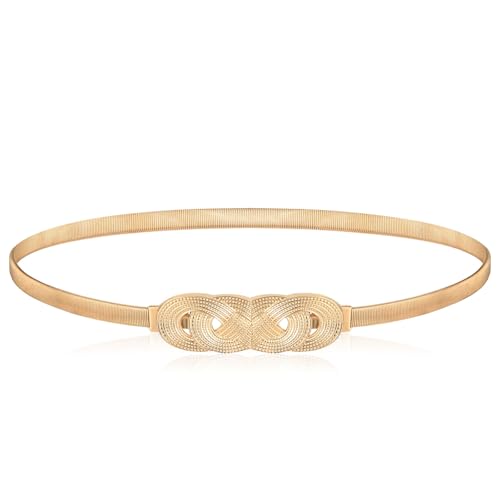 Xindojuz Gold Belt for Dresses Women Fancy, 1 PCS Gold Chain Belt Women Jeans Pants Fashion Skinny Metal Cinch Belts Elastic Waistband Skinny Thin Girdle Waist Belts for Girls (63×0.9×0.4 cm)