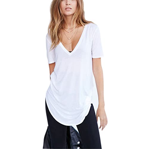 Cuello V Camisetas Mujer Verano Casual Sexy Algodón Basicas Blanca Negro Larga Holgada Camiseta Oversize Talla Grande (Blanco, Medium) Cover