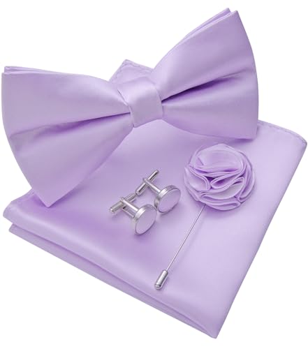 Image of Solid Color Bow Ties for Men Silk Pre-tied Tuxedo Bowtie Set 4PCS | Pre-tied in 3 seconds,adjustable 4PCS bow tie and pocket square cufflinks lapel pin set,wedding,formal,party,prom,graduation