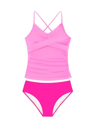 Image of Girls Swimsuit Tankini Criss Cross Ruched 2 Piece Bathing Suit Printed Girl Swimwear for Teens 9-16Y