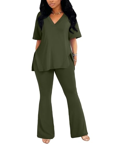 acelyn Women's 2 Piece Outfits Summer V Neck Oversized Split Tops Flare Legging Pants Casual Tracksuit Lounge Sets Sweatsuits