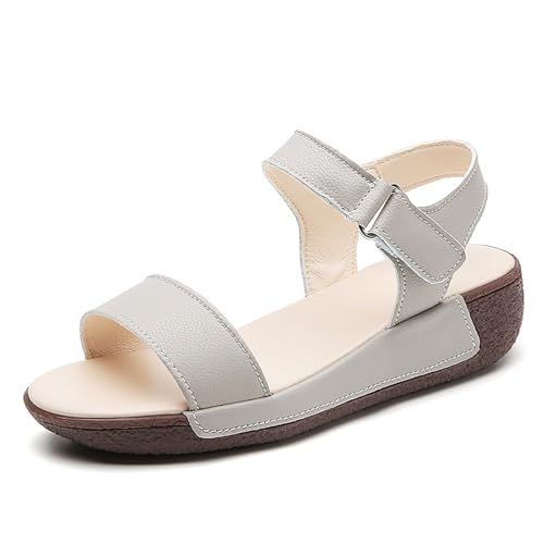Women's Leather Wedge Sandals with Hook-Ring, Ankle Strap Walking Sandal, Summer Casual Sandals