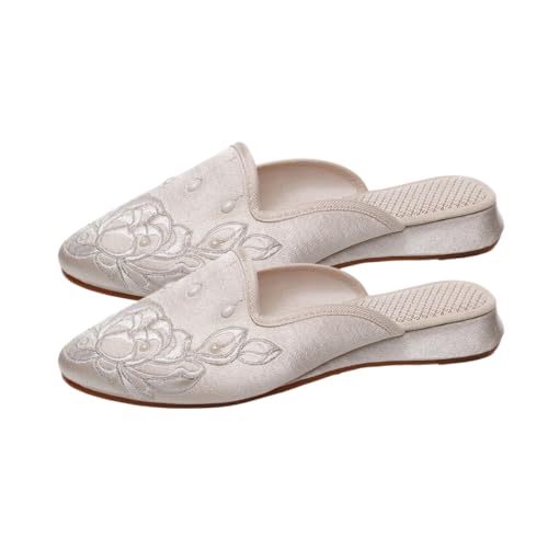 Premium Luxury Satin Silk Flower Embroidery All Seasons Comfort Women's House Slippers Non Slip Indoor Soft Home Slip On Shoes