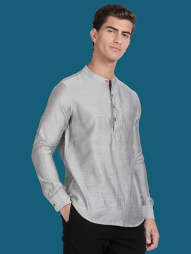 Image of KRYPTIC Men's Full Sleeve Regular Fit Short Kurta in Premium Pure Cotton with Patch Pocket and Mandarin Collar - Perfect Blend of Style and Comfort