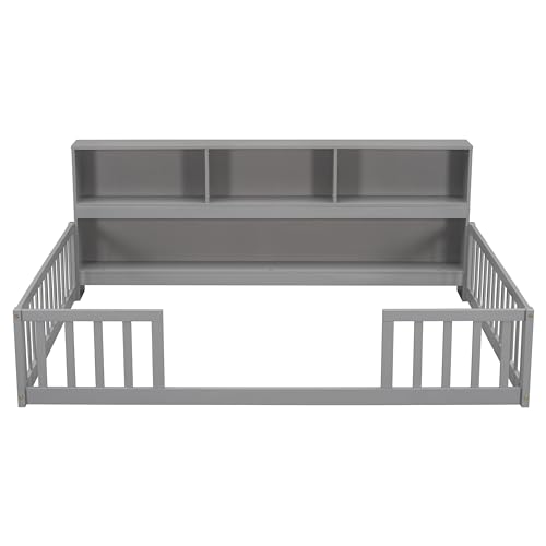 Kids Montessori Floor Bed,Full Size Floor Bed with Bookcase and Shelves,Full Bed Frame with Guardrails for Kids,Girls,Boys(Full,Gray)