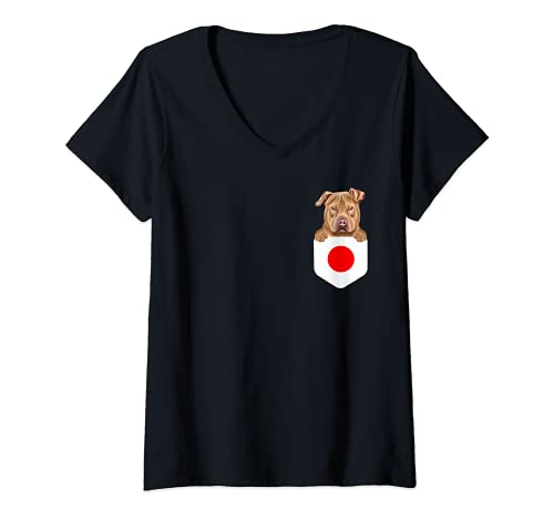 Womens Japan Flag Usa Staffordshire Terrier Dog In Pocket V-Neck T-Shirt, Black