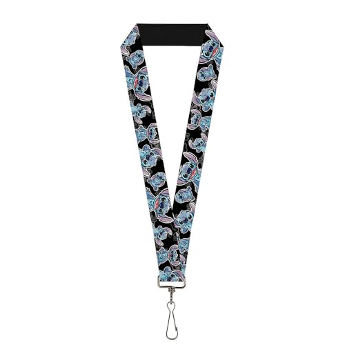 Buckle-Down unisex adults Lanyard - 1.0 Stitch Poses/Hibiscus Sketch Black/Gray/Blue Key Chain, Multicolor, One Size US