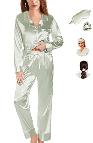 Wjing Yi Jia Womens Pajama Set Silk Satin Pajamas Long 2Pc Pjs Button Down Sleepwear Pj Set Loungewear Black #TOP7