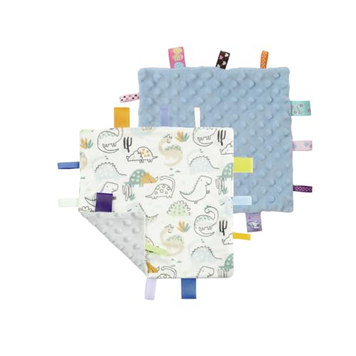 Image of CREVENT Tag Security Blankets for Babies, Soft Small Loveys for Girls, Baby Comforter Sensory Blanket, Great Gifts for Birthday Baby Shower 10"X10" (Dinosaur+Blue)