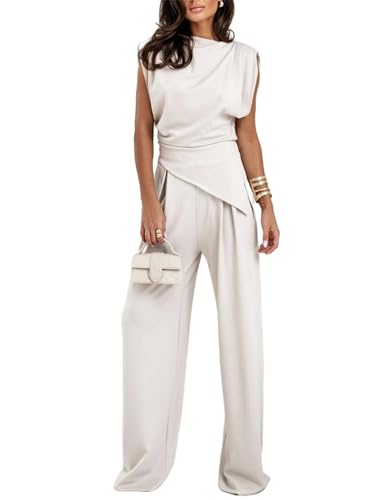 Women's Round Neck Pleated Sleeveless Casual Suit, Casual Solid Color Irregular Top and High Waist Wide Leg Pants Set