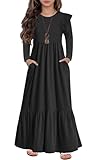 HOSIKA Girls Fall Ruffle Long Sleeve Crew Neck Loose Casual Flowy Tiered Maxi Dress with Pockets for 6-12 Y Black