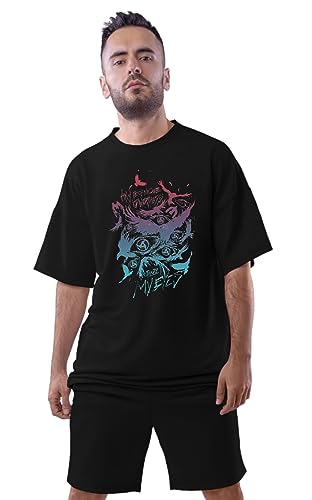 Image of Be Crazy Oversized Loose Baggy Fit Drop Shoulder Half Sleeves Pure Cotton Anime Graphic Printed T-Shirt for Men