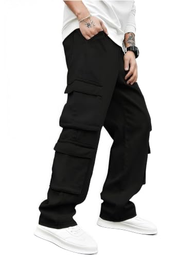 Image of Men's 8 Pocket Cargo Pants | Premium Cotton Twill Baggy Fit Trousers | Stretchable Casual Streetwear Cargos | Mid Rise