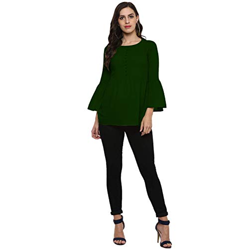 Image of Cotton Plain and Solid Bell Sleeve A-Line Short Round Neck Flared Tunic Top for Girls Women