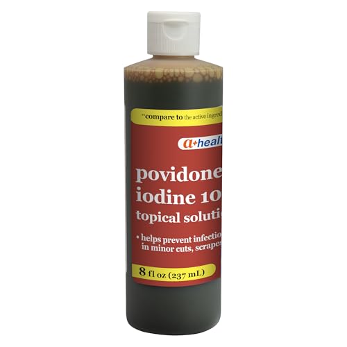 A+Health Povidone Iodine 10%, First Aid Antiseptic, 8 Fluid Ounces, Topical Solution USP, Helps Prevent Infection in Minor Cuts, Scraps and Burns, Wound Care, Made in USA