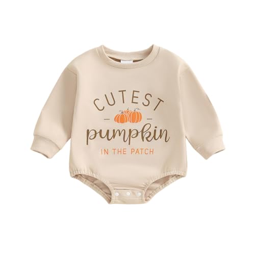 Baby Girl Boy Halloween Outfit Newborn Ghost Pumpkin Sweatshirt Romper Long Sleeve Jumpsuit Halloween Baby Clothes (Cutest Pumpkin in the Patch Khaki, 3-6 Months)