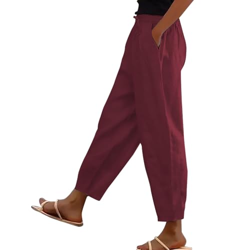 Cropped Linen Trousers for Women Summer Trendy Capri Pants for Women UK Straight Leg Ladies Trousers Elasticated Waist Drawstring Solid Lounge Pants Joggers Bottoms Fashion Beach Vacation Wine 5XL Cropped Linen Trousers for Women Summer Trendy Capri Pants for Women UK Straight Leg Ladies Trousers Elasticated Waist Drawstring Solid Lounge Pants Joggers Bottoms Fashion Beach Vacation Wine 5XL