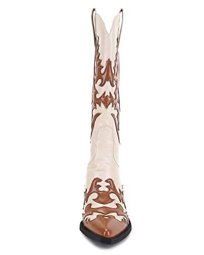 Image of ANN CREEK Women's 'Claremont' Sexy Cowboy Boots Mid Calf Knee-high Patchwork Dressy Cowgirl Western Woman Chunky Heel Pointed Toe Trendy Knee High Tall Boots