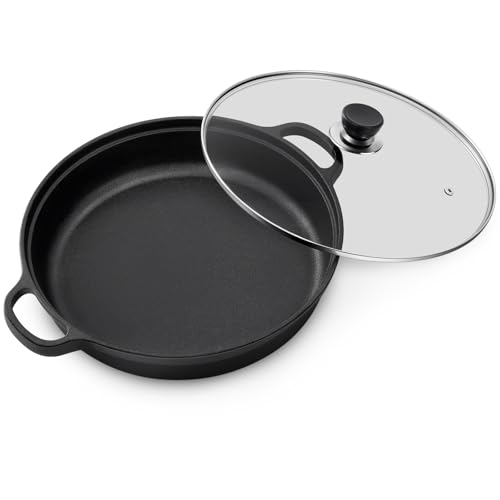 Warmiehomy Cast Iron Griddle Pan with Glass Lid,25cm Round Non-Stick Grill Pan,BBQ Skillet,Frying Pan with 2 Handles for Gas, Electric, Induction & Oven,Flat Surface